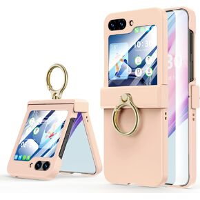 Compatible with Galaxy Z Flip 5 Case (Built-in Back Screen Protector) with Hinge Protection & Ring Kickstand, Slim and Thin Protective Case Cover for Samsung Z Flip 5 5G (Black)