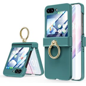 Compatible with Galaxy Z Flip 5 Case (Built-in Back Screen Protector) with Hinge Protection & Ring Kickstand, Slim and Thin Protective Case Cover for Samsung Z Flip 5 5G (Black) in Kuwait