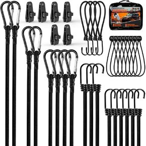 35 PCS Black Bungee Cords Assorted Sizes,Bungee Cords Heavy Duty Outdoor,8",12",18",24",32",40" Bungee Cords with Hook & Carabiner Strap,6 Inch Bungee Balls,Tarp Clips with Carry Bags