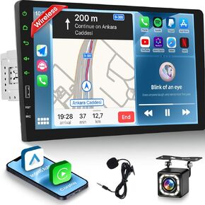 NHOPEEW Single Din Touchscreen Radio with Wireless Carplay and Android Auto - 9 Inch Car Stereo with Bluetooth/Mirror Link/SWC/FM/Seven Color Backlight + 12leds Backup Camera & Microphone