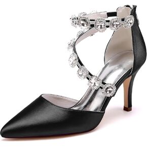Women's Closed Pointed Toe High Heels Rhinestones Satin Wedding Stilettos Crystal Pump Shoes Heeled Sandals
