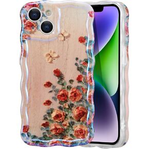 EYZUTAK Case for iPhone 14 Plus/iPhone 15 Plus, Colorful Retro Oil Painting Flower Laser Glossy Cute Curly Wave Edge Exquisite Phone Cover Stylish Durable TPU Protective Case for Girl Women - Green