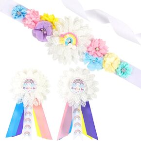 JOYMEMO Rainbow Baby Shower Maternity Sash Kit, Pastel Rainbow Baby Shower Belly Belt and Mom to Be & Dad to Be Corsage Pins, Pregnancy Sash New Parents Photo Props Party Supplies