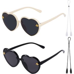 obmwang 2 PCS Kids Heart Shaped Sunglasses Cute Bee Glasses with Strap for Girls Boys Age 3-10 UV400 Protection Outdoor Beach