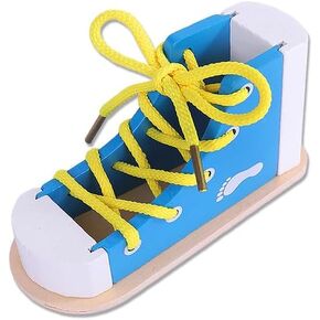 Learn to Tie Shoes - Wooden Lacing Shoe Tying Practice for Kids,Safe & Reusable Wood Shoelaces Tying Toy Educational Toy/blue