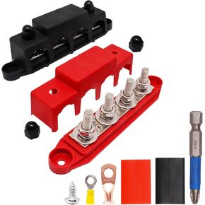 250A 12V Bus Bar Marine 3/8" Power Distribution Block with Cover, 4 x 3/8" (M10) Posts, 3 x M4 (#8) Screws Terminals 12 Volt DC Battery Busbar for Boat Automotive Solar (Black+Red)