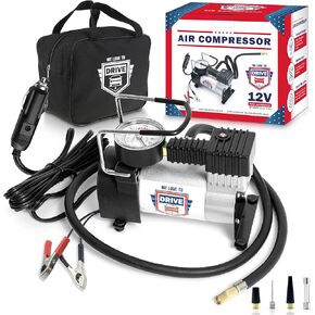 12V DC Best Air Compressor Tire Inflator with Gauge, 150 PSI Portable Air Pump for Car Tires, Trucks & Inflatables, DOUBLE BONUS Tire Puncture Repair Kit & Carry Case by WE LOVE TO DRIVE