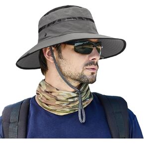 Men's Beach-Sun-Hat UPF50+ Wide-Brim Sun-Protection Mesh-Fishing Hat Outdoor Foldable-Bucket Safari Hat Boonie Cap
