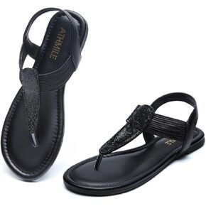 ATHMILE Gladiator Sandals for Women Elastic Strappy Rhinestone Sandals Flats Womens Dressy Casual Sandals Flats Shoes for Ladies