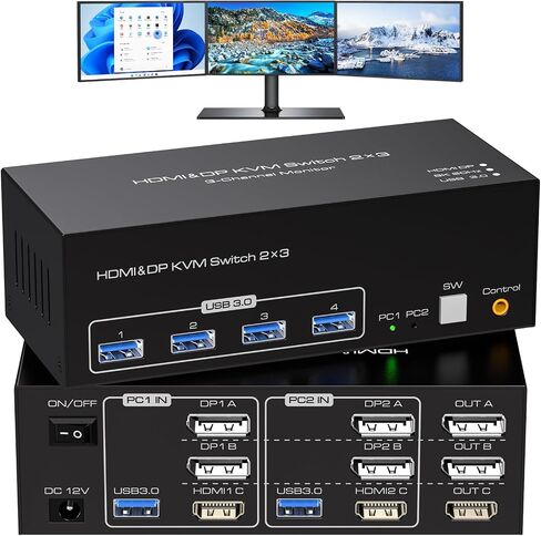 4K@120Hz HDMI and 2 Displayport KVM Switch 3 Monitors 2 Computers DP 1.4 8K Display Port for 2 PC or Laptops Share Triple Monitor and 4 USB 3.0 Peripherals Support Extended and Duplicate Mode in Saudi Arabia