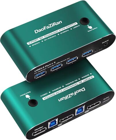 Displayport KVM Switch 1 شاشات 2 جهاز كمبيوتر، مع 4 محاور USB 3.0، 8K@60 هرتز DP 2.0 مفتاح KVM لشاشة واحدة، مفاتيح KVM عن بعد سلكية، مشاركة طابعة ماوس لوحة المفاتيح، التوصيل والتشغيل in Kuwait