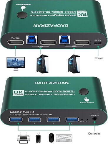 Displayport KVM Switch 1 شاشات 2 جهاز كمبيوتر، مع 4 محاور USB 3.0، 8K@60 هرتز DP 2.0 مفتاح KVM لشاشة واحدة، مفاتيح KVM عن بعد سلكية، مشاركة طابعة ماوس لوحة المفاتيح، التوصيل والتشغيل in Kuwait