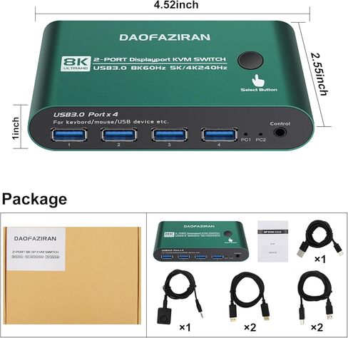 Displayport KVM Switch 1 شاشات 2 جهاز كمبيوتر، مع 4 محاور USB 3.0، 8K@60 هرتز DP 2.0 مفتاح KVM لشاشة واحدة، مفاتيح KVM عن بعد سلكية، مشاركة طابعة ماوس لوحة المفاتيح، التوصيل والتشغيل in Kuwait
