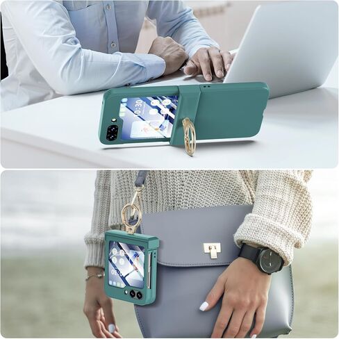 Compatible with Galaxy Z Flip 5 Case (Built-in Back Screen Protector) with Hinge Protection & Ring Kickstand, Slim and Thin Protective Case Cover for Samsung Z Flip 5 5G (Black) in Kuwait