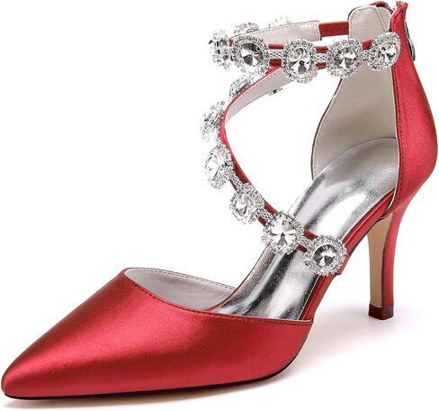 Women's Closed Pointed Toe High Heels Rhinestones Satin Wedding Stilettos Crystal Pump Shoes Heeled Sandals in Saudi Arabia
