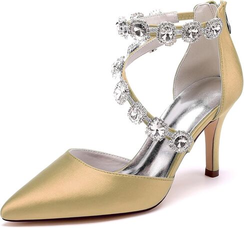 Women's Closed Pointed Toe High Heels Rhinestones Satin Wedding Stilettos Crystal Pump Shoes Heeled Sandals in Saudi Arabia