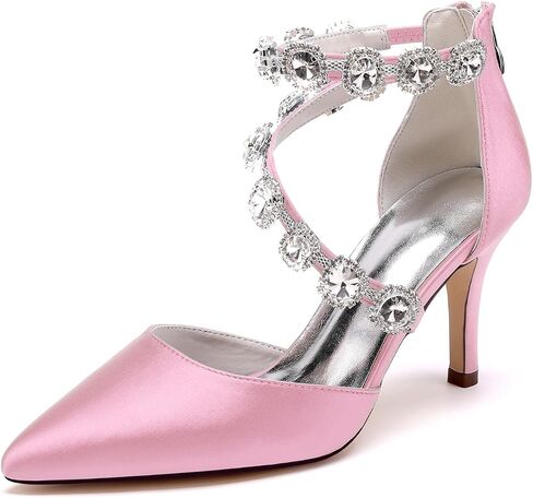Women's Closed Pointed Toe High Heels Rhinestones Satin Wedding Stilettos Crystal Pump Shoes Heeled Sandals in Saudi Arabia