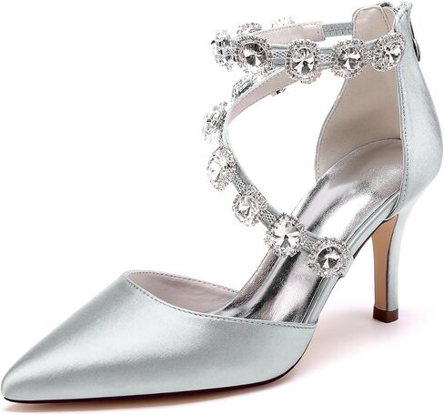 Women's Closed Pointed Toe High Heels Rhinestones Satin Wedding Stilettos Crystal Pump Shoes Heeled Sandals in Saudi Arabia