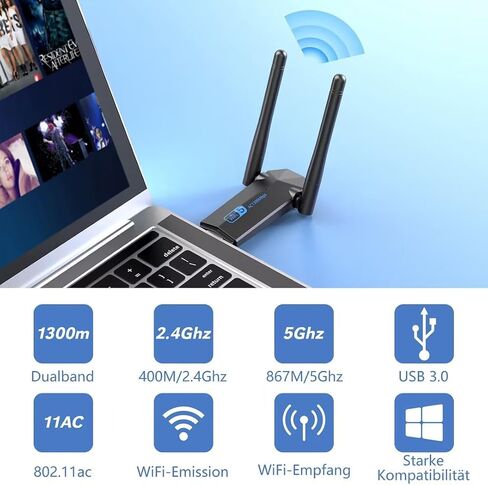 USB WiFi Adapter，1300Mbps USB 3.0 WiFi Adapter Dual Band 5G/2.4G Wireless WiFi Adapter for Desktop PC WiFi Dongle 2 x 5dBi Adapter for Laptop Windows 11/10/8/7/Vista/XP, Mac OS in Saudi Arabia