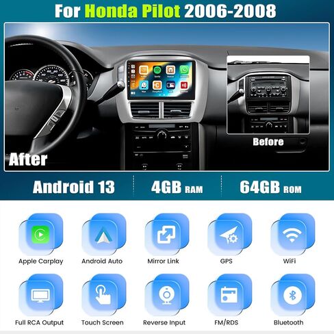 2G+64G Android 13 Car Stereo for Honda Pilot 2006-2008 with Wireless Apple Carplay Android Auto,9'' Touchscreen Honda Pilot Car Radio with GPS Navigation,Bluetooth,WiFi/FM/RDS Radio,SWC+Backup Camera in Saudi Arabia