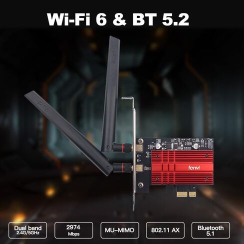 بطاقة WiFi 6 PCIe WiFi مع BT 5.2، ومحول الشبكة اللاسلكية AX3000R لأجهزة الكمبيوتر المكتبية، نطاق مزدوج 2.4 جيجا هرتز/5 جيجا هرتز، يصل إلى 3000 ميجابت في الثانية، مع هوائي وقوس منخفض المستوى، يدعم Win 11/10 (64 بت) in Kuwait