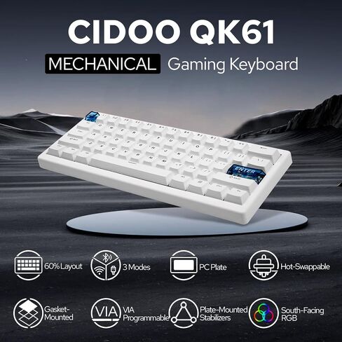 CIDOO QK61 VIA Programmable 60% Compact Keyboard, Wireless Gaming Keyboard, Hot Swappable Custom Keyboard, Gasket Mechanical Keyboard with PC Plate, RGB, 3000mAh Battery for Win/Mac (White) in Kuwait