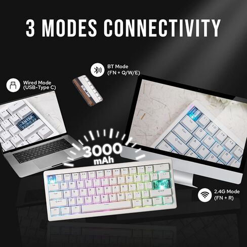 CIDOO QK61 VIA Programmable 60% Compact Keyboard, Wireless Gaming Keyboard, Hot Swappable Custom Keyboard, Gasket Mechanical Keyboard with PC Plate, RGB, 3000mAh Battery for Win/Mac (White) in Kuwait