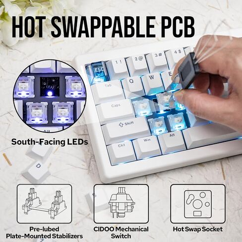 CIDOO QK61 VIA Programmable 60% Compact Keyboard, Wireless Gaming Keyboard, Hot Swappable Custom Keyboard, Gasket Mechanical Keyboard with PC Plate, RGB, 3000mAh Battery for Win/Mac (White) in Kuwait