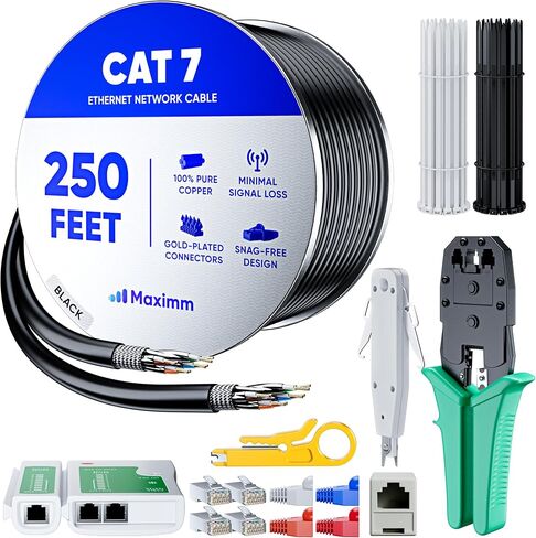 Maximm Cat7 High-Speed Wire Installation Kit 300 ft Black - Crimp Tool, 50 RJ45 Connectors, Tester, Cable Ties, Caps, Adapters - Tools & Accessories Included in Kuwait