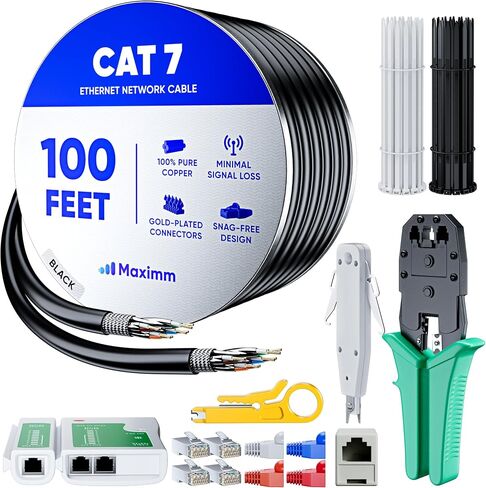 Maximm Cat7 High-Speed Wire Installation Kit 300 ft Black - Crimp Tool, 50 RJ45 Connectors, Tester, Cable Ties, Caps, Adapters - Tools & Accessories Included in Kuwait
