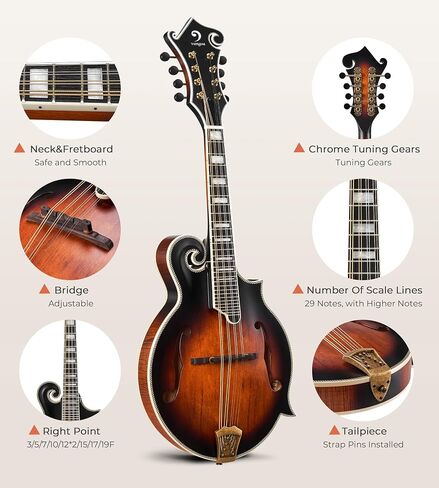 Vangoa F-Style Mandolins Instrument 29-Fret, 8 String Acoustic Mandolin With Protective Plate, for Beginner Adults, Sunburst in Saudi Arabia