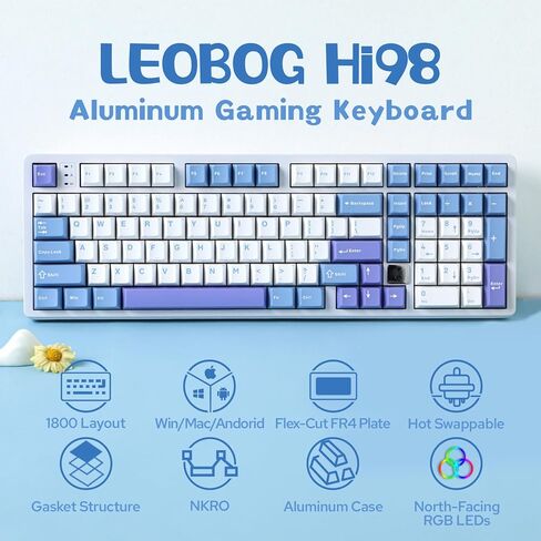 لوحة مفاتيح سلكية للألعاب من سبائك الألومنيوم LEOBOG Hi98، لوحة مفاتيح مخصصة قابلة للتبديل بنسبة 98%، لوحة مفاتيح ميكانيكية مثبتة على حشية قابلة للبرمجة مع لوحة FR4، NKRO، RGB لنظام Win/Mac/Linux (أبيض) in Kuwait
