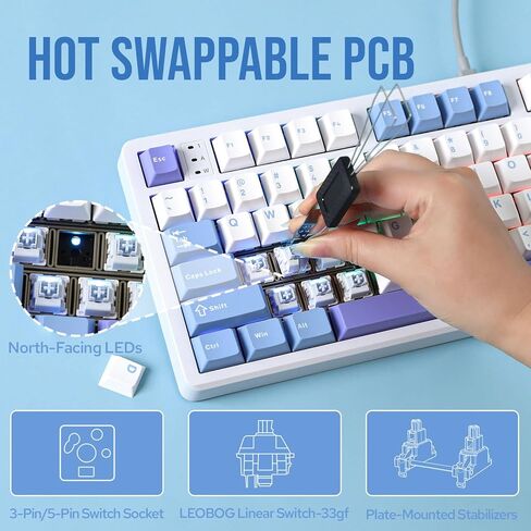 لوحة مفاتيح سلكية للألعاب من سبائك الألومنيوم LEOBOG Hi98، لوحة مفاتيح مخصصة قابلة للتبديل بنسبة 98%، لوحة مفاتيح ميكانيكية مثبتة على حشية قابلة للبرمجة مع لوحة FR4، NKRO، RGB لنظام Win/Mac/Linux (أبيض) in Kuwait
