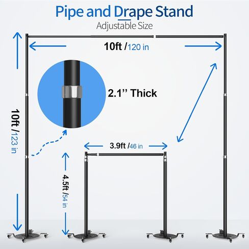 10 x 10 ft Pipe and Drape Backdrop Stand with Wheels Heavy Duty Photography Background Kit Adjustable Metal Frame for Party, Wedding, Video Studio, Exhibition - Black in Saudi Arabia