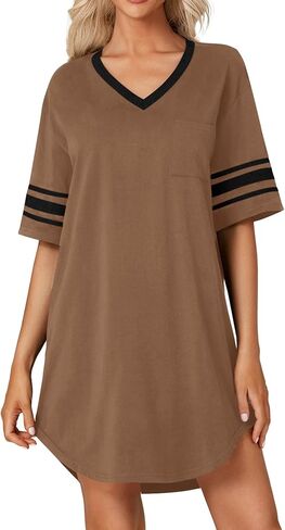Vrtige Women's Casual Cotton Nightgown V Neck Short Sleeve Sleepwear Loose Nightdress Nightshirt in Kuwait
