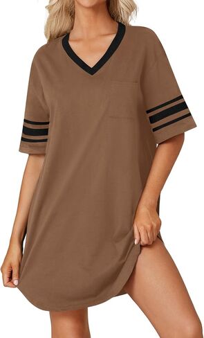 Vrtige Women's Casual Cotton Nightgown V Neck Short Sleeve Sleepwear Loose Nightdress Nightshirt in Kuwait