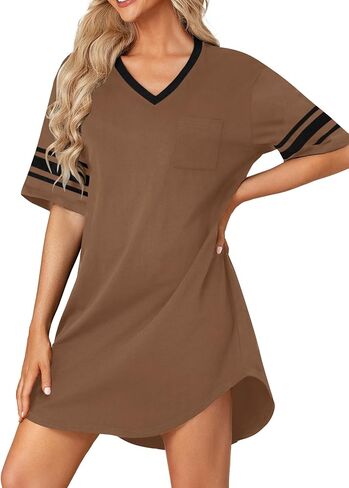 Vrtige Women's Casual Cotton Nightgown V Neck Short Sleeve Sleepwear Loose Nightdress Nightshirt in Kuwait