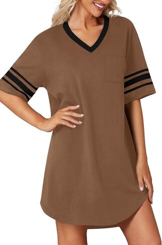 Vrtige Women's Casual Cotton Nightgown V Neck Short Sleeve Sleepwear Loose Nightdress Nightshirt in Kuwait