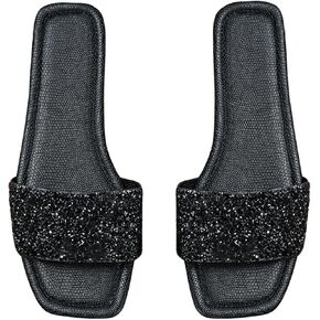 GORGLITTER Women's Sparkly Rhinestone Sandals Glitter Bling Casual Sandal Flat Open Toe Sparkle Slides