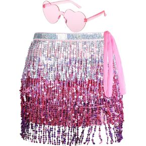 Belly Dance Sequins Skirt for Waist Circumference Halloween Sparkly Fringe Skirt Heart Sunglasses for Women (Yellow, Gold,Large)