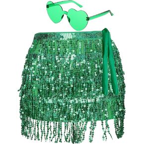 Belly Dance Sequins Skirt for Waist Circumference Halloween Sparkly Fringe Skirt Heart Sunglasses for Women (Yellow, Gold,Large)