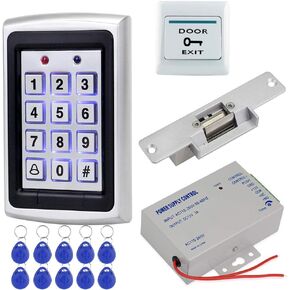HFeng Door Access Control System Kit Set Metal RFID Keypad + DC12V 3A Power Supply Controller + NC Type Electronic Strike Locks + Door Exit Button + 10pcs Keyfobs Card