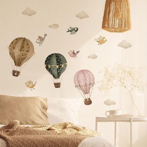 Boho Vintage Hot Air Balloon Bird White Cloud Wall Decal，Hot Air Balloons Wall Decals，Hot Air Balloons in The Sky Wall Stickers，Peel and Stick Removable for Kids Nursery Bedroom Living Room Decor
