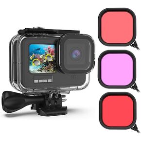 Underwater Housing Shell Waterproof Case Cover for Gopro Hero 9 Black/Hero 10/ Hero 11/ Hero 12 Action Camera Diving with Red Pink Purple filter, 45M