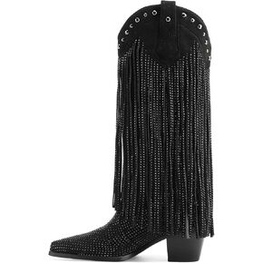 Women's Rhinestone Fringe Cowgirl Boots, Sparkly Western Cowboy Boots Pointed Toe Knee Block Chunky Middle Heel Pull On Mid Calf Knee High Boots for Women Girl Party