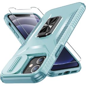 for iPhone 12 Case,iPhone 12 Pro Case with Tempered Glass Screen Protector and Camera Lens Cover,Rotated Ring Stable Kickstand,Heavy Duty Shockproof Protective Phone Cover-Black
