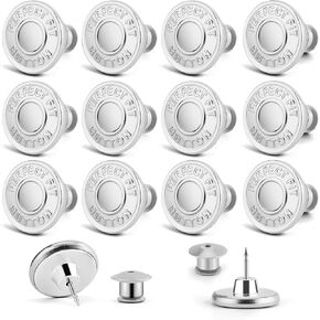 12 Sets Jean Button Pins, No Sew Instant Replacement Buttons, Reusable and Adjustable Pant Waist Tightener for Loose Jeans