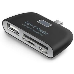 Type-C Card Reader, Multifunctional Smart 4 in 1 Laptop PC Durable Phone TF Micro SD with Micro USB Charge Port USB 3.1 Universal Type C Adapter OTG(Black)