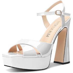HDEUOLM Womens Chunky Block High Platform Heel Square Open Toe Sandals Ankle Strap Buckle Prom Dress Patent Leather 5.3 Inches Heels