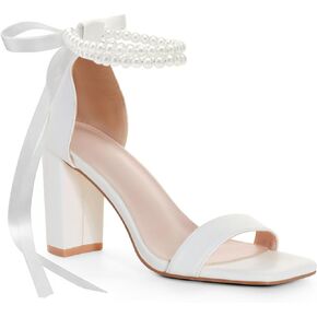 White Block High Heels for Women Pearl Square Open Toe Chunky Heels Bow Heels Wedding Bridal Shoes Prom Party Dress Heels